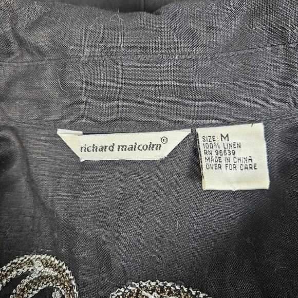 Richard Malcolm Button Up Shirt Linen Embroidered Western Collared Large Black - Picture 3 of 6